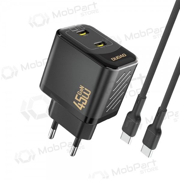 Puhelimen laturi Dudao A28PC 45 W GaN 2x USB-C ja USB-C-kaapeli 1 m musta