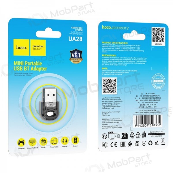 Bluetooth sovitin Hoco UA28 Bluetooth 5.1 musta