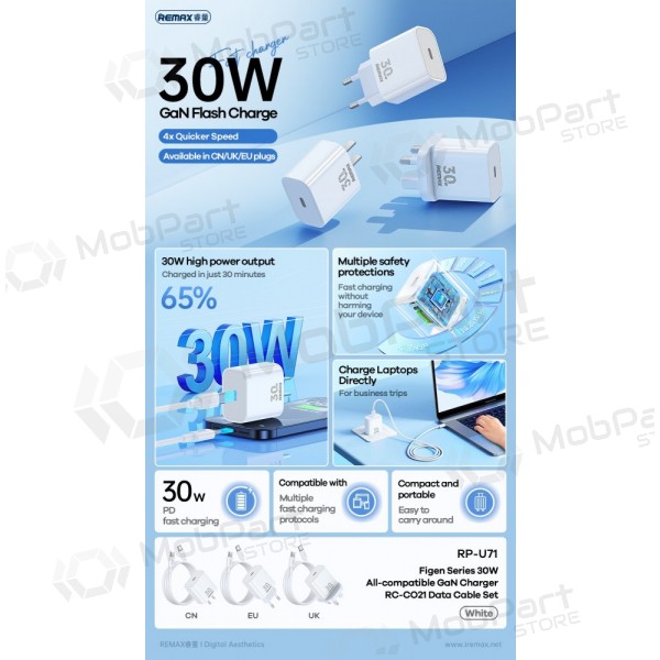 Puhelimen laturi Remax RP-U71 30 W GaN USB-C USB-C-kaapelilla 1 m valkoinen