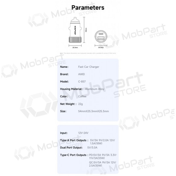 Autolaturi Awei C-857 33W USB-C/USB-A musta