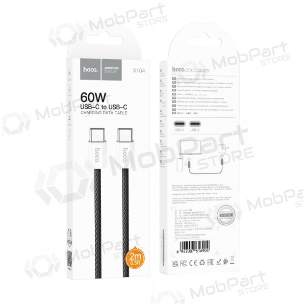 USB kaapeli Hoco X104 60W USB-C to USB-C 2.0m musta