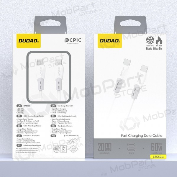 USB-C-kaapeli Dudao L25SC USB-C–USB-C 2 m 60 W valkoinen