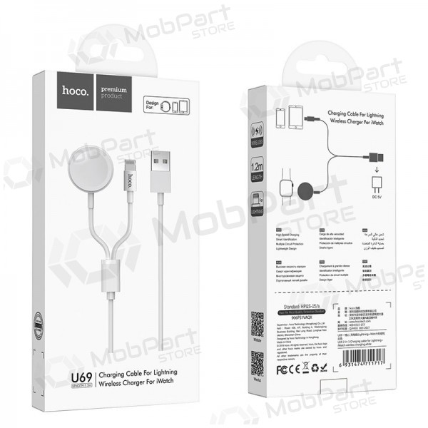 USB kaapeli HOCO U69 lightning 1.0m (with iWatch wireless charger) (valkoinen)