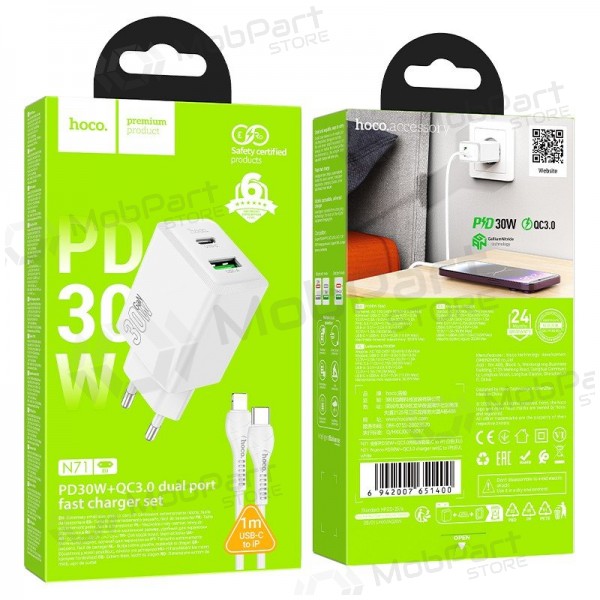 Puhelimen laturi Hoco N71 30 W GaN USB-C + USB-A Lightning-kaapelilla 1 m valkoinen