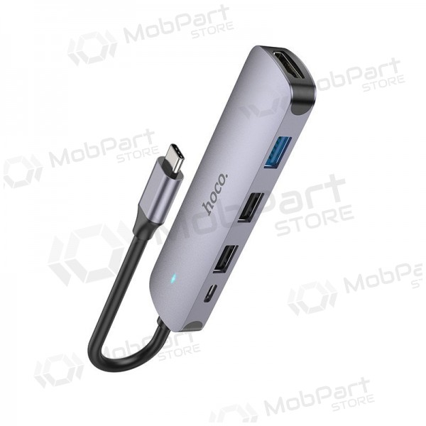 Sovitin Hoco HB27 Type-C Multi-Function Converter HDMI+USB3.0+USB2.0*2+PD harmaa