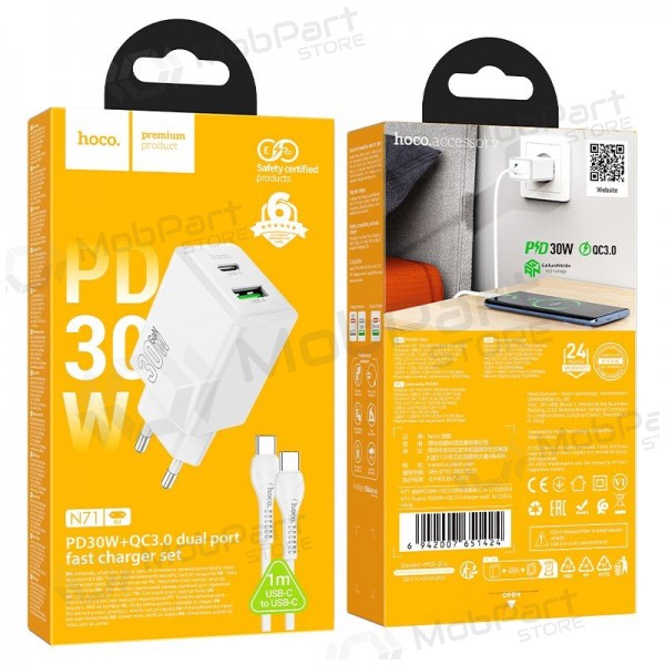 Puhelinlaturi Hoco N71 30 W GaN USB-C + USB-A USB-C-kaapelilla 1 m valkoinen
