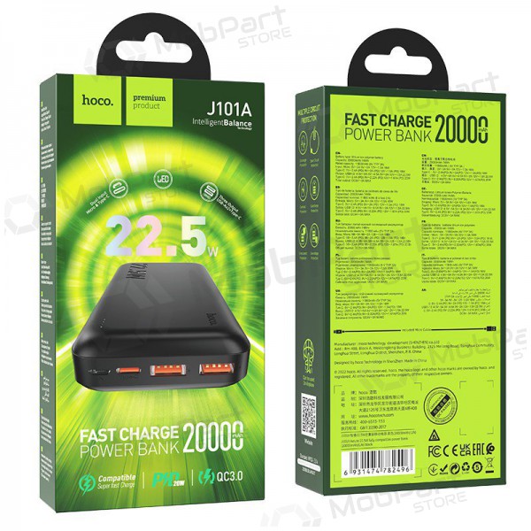 Ulkoinen paristo Power Bank Hoco J101A PD 20W+Quick Charge 3.0 22.5W 20000mAh musta