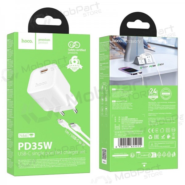 Puhelinlaturi Hoco N66 35 W GaN USB-C + USB-A Lightning-kaapelilla 1 m valkoinen