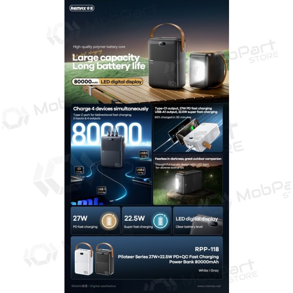 Ulkoinen paristo Power Bank Remax RPP-118 22.5W 80000mAh musta