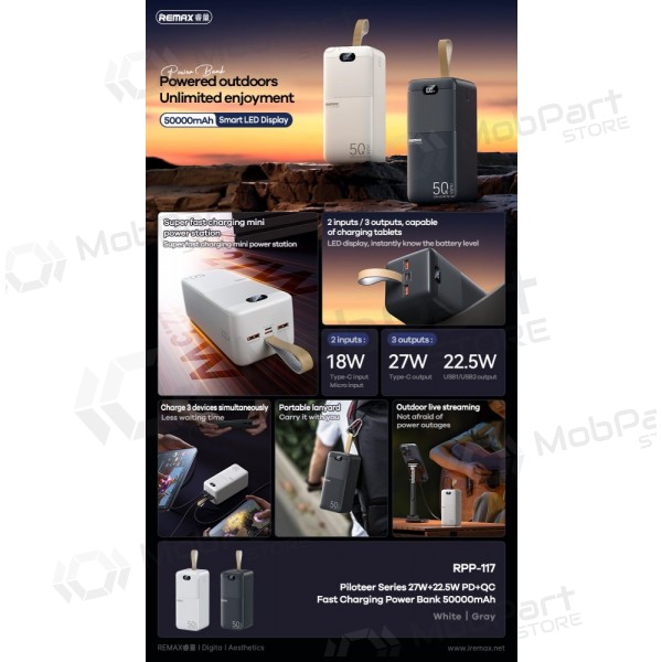 Ulkoinen paristo Power Bank Remax RPP-117 22.5W 50000mAh musta