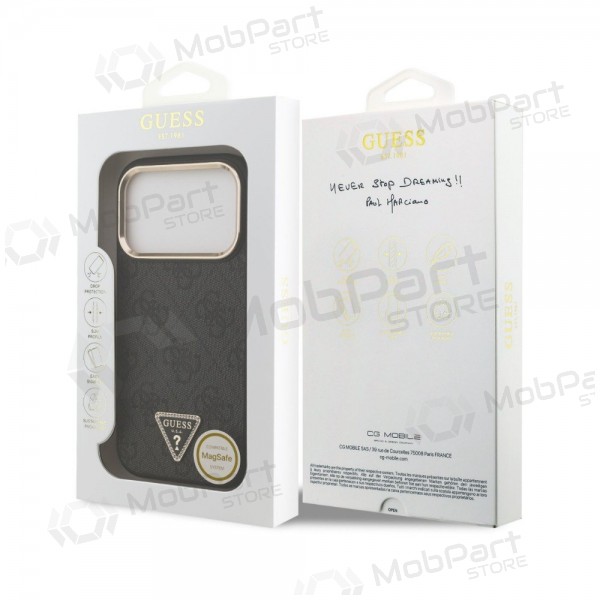Apple iPhone 18 Pro kotelo - Guess PU Leather 4G Strass Triangle Logo Gold Frame MagSafe (musta)