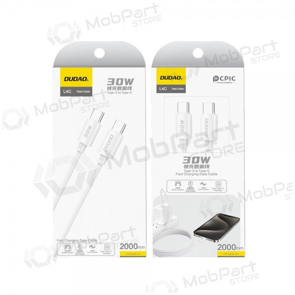 USB-C-kaapeli Dudao L4C USB-C–USB-C 2 m 30 W valkoinen