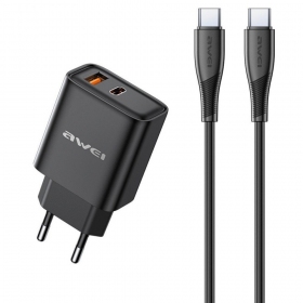 Laturi Awei PD81C-EU USB-A/USB-C + USB-C to USB-C cable musta
