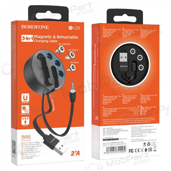 USB kaapeli Borofone BU26 3in1 microUSB-Lightning-Type-C magnetinic 1.0m (musta)