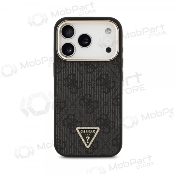 Apple iPhone 18 Pro Max kotelo - Guess PU Leather 4G Strass Triangle Logo Gold Frame MagSafe (musta)