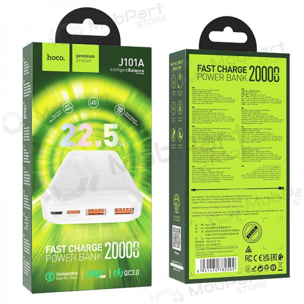 Ulkoinen paristo Power Bank Hoco J101A PD 20W+Quick Charge 3.0 22.5W 20000mAh valkoinen