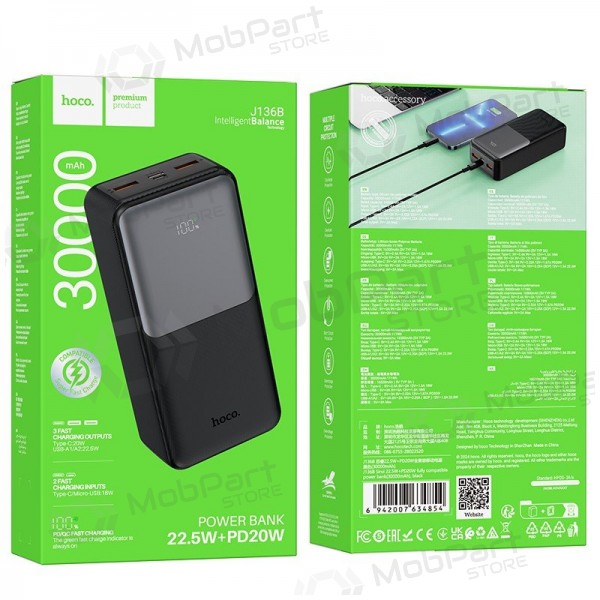 Ulkoinen paristo Power Bank Hoco J136B 22.5W+PD20W 30000mAh musta