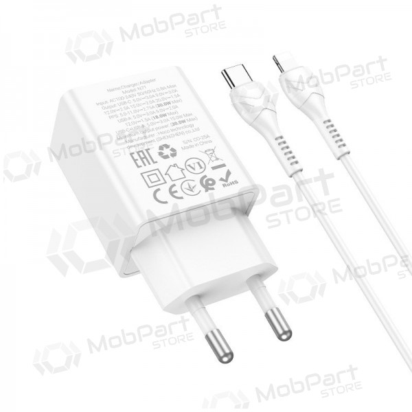 Puhelimen laturi Hoco N71 30 W GaN USB-C + USB-A Lightning-kaapelilla 1 m valkoinen