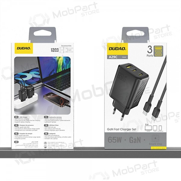 Puhelimen laturi Dudao A28PC 45 W GaN 2x USB-C USB-C-kaapelilla 1 m musta