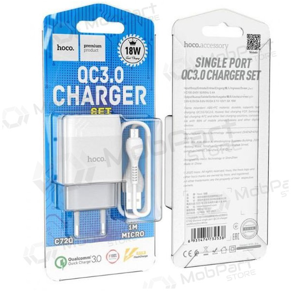 Laturi HOCO C72Q Glorious USB + microUSB kaapeli (QC3.0) (valkoinen)