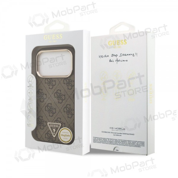 Apple iPhone 18 Pro kotelo - Guess PU Leather 4G Strass Triangle Logo Gold Frame MagSafe (ruskea)