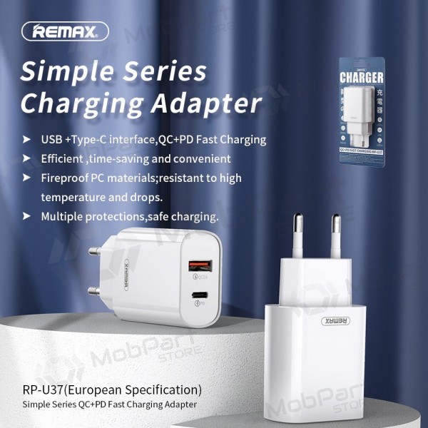 Puhelinlaturi Remax RP-U37 20 W USB-C + USB-A valkoinen