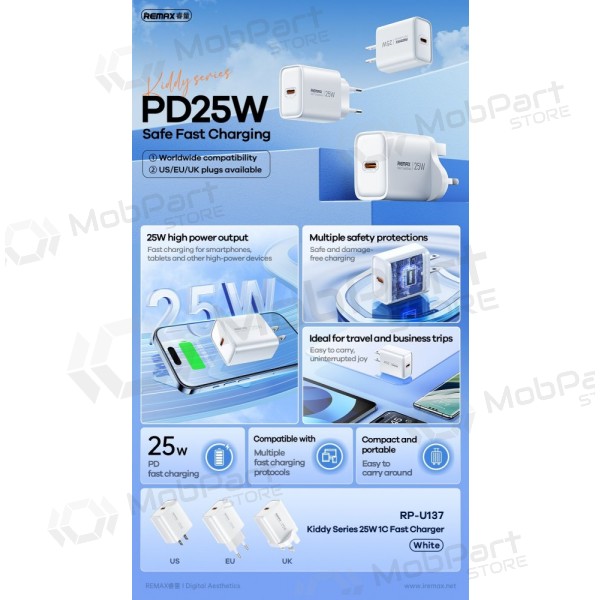 Puhelimen laturi Remax RP-U137 25 W USB-C valkoinen