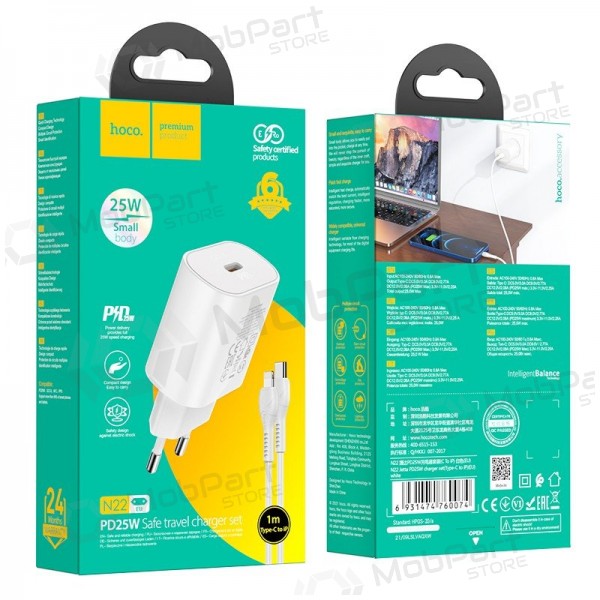 Puhelinlaturi Hoco N22 25 W USB-C Lightning-kaapelilla 1 m valkoinen