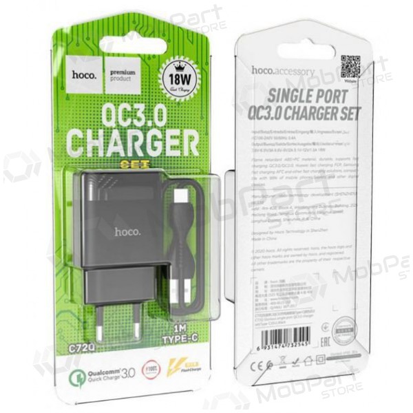Laturi HOCO C72Q Glorious USB + type-C kaapeli (QC3.0) (musta)