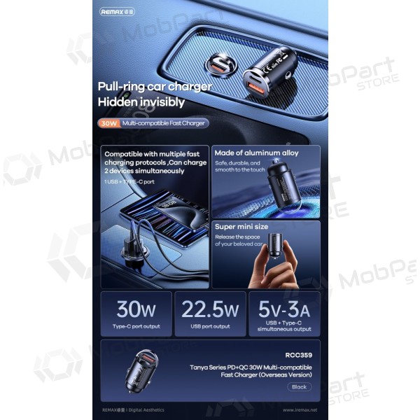 Autolaturi Remax RCC359 30 W USB-C + USB-A musta
