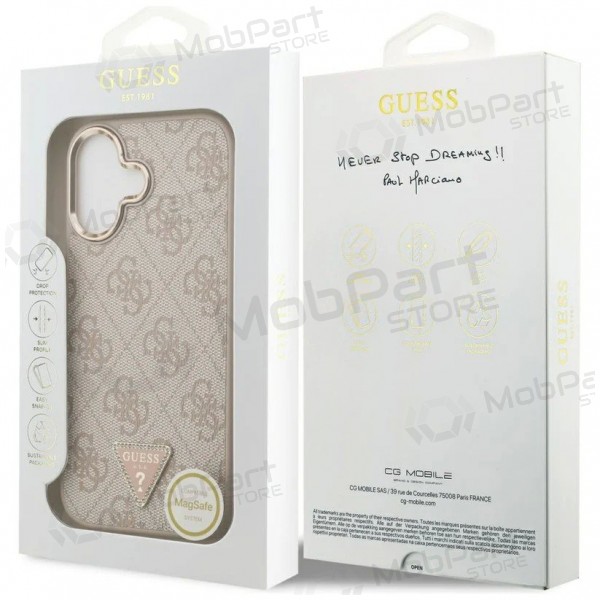 Apple iPhone 17 kotelo - Guess PU Leather 4G Strass Triangle Logo Gold Frame MagSafe (vaaleanpunainen)