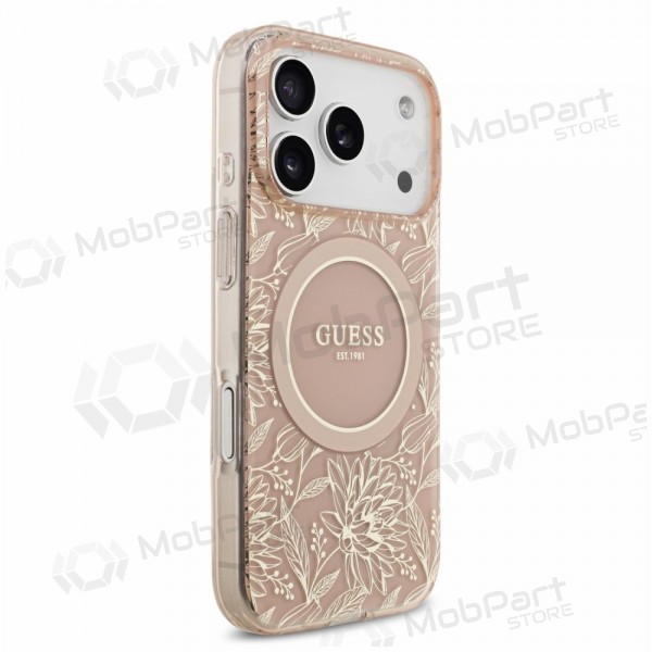 Apple iPhone 18 Pro kotelo - Guess IML Flowers Allover Strap MagSafe (vaaleanpunainen)