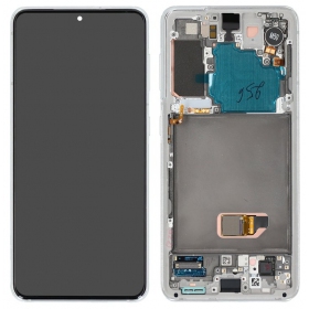 Ekranas Samsung G991 S21 5G su lietimui jautriu stikliuku ja rėmeliu Phantom White alkuperäinen (service pack)