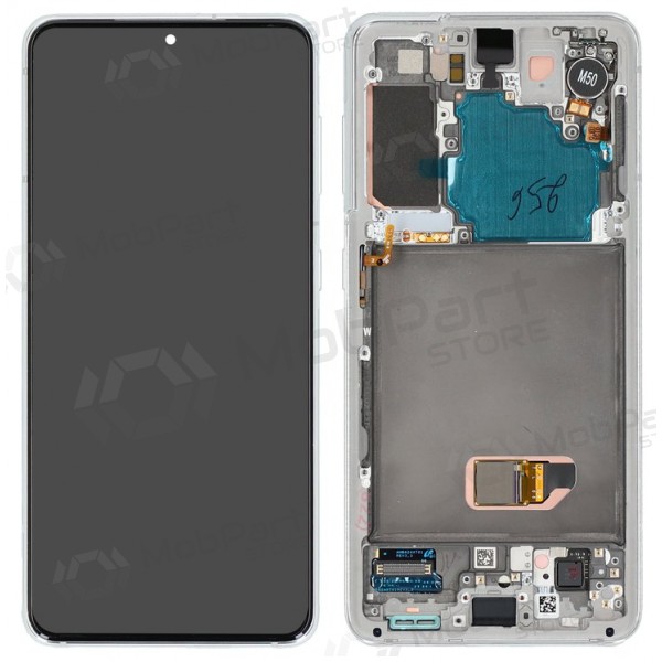 Ekranas Samsung G991 S21 5G su lietimui jautriu stikliuku ja rėmeliu Phantom White alkuperäinen (service pack)