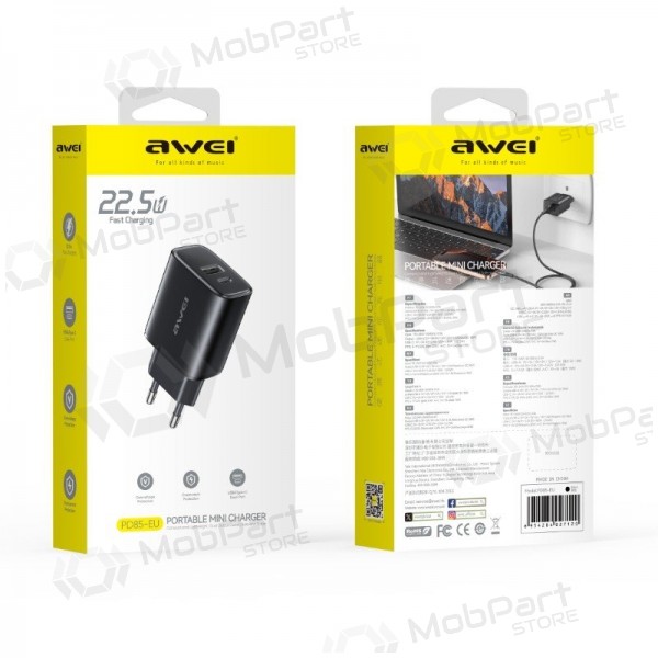Puhelimen laturi Awei PD85T-EU 22.5 W USB-C + USB-A USB-C-kaapelilla 1 m musta