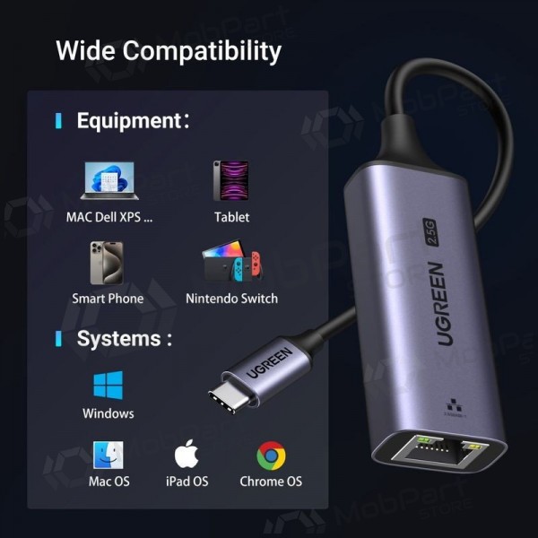 USB-C-sovitin Ugreen CM648 USB-C–RJ45 harmaa