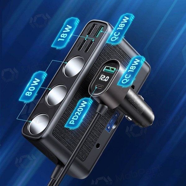 Laturi automobilinis Joyroom 9in1 154W 3x12V, PD USB Type-C, QC3.0 USB-A, 4xUSB-A JR-CL06