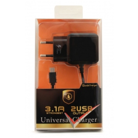 Laturi F13c FastCharging x 2 USB (3.1A) + microUSB (musta)