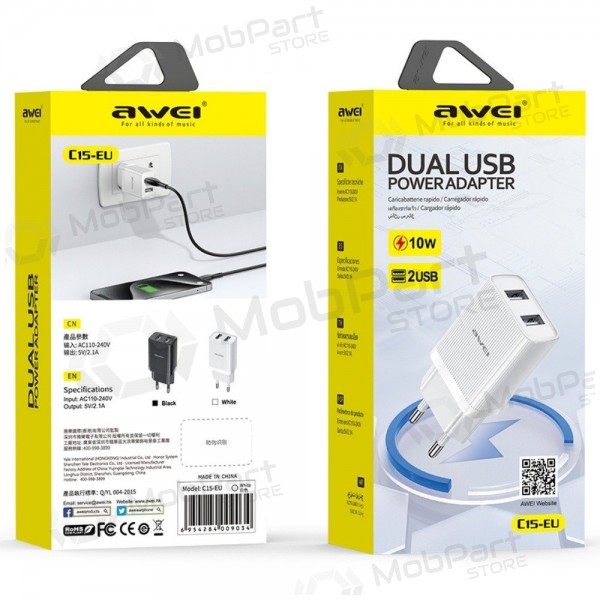 Laturi Awei C15-EU 2xUSB-A 10W valkoinen