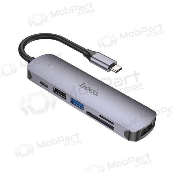 USB-C-sovitin Hoco HB28 USB-C–HDMI + USB 3.0 + USB 2.0 + SD + TF + PD harmaa