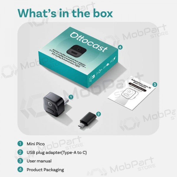 Langaton CarPlay / Android Auto -sovitin Ottocast Mini Pico CA525-T musta