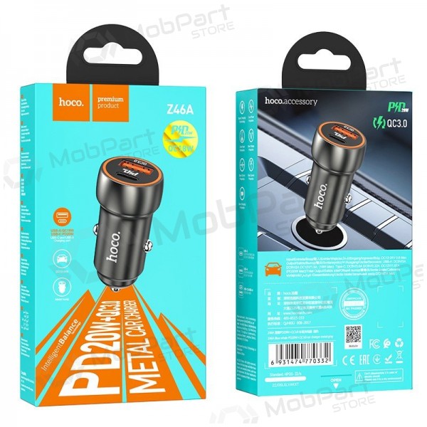 Laturi automobilinis Hoco Z46A USB-A/Type-C PD20W+QC3.0 harmaa
