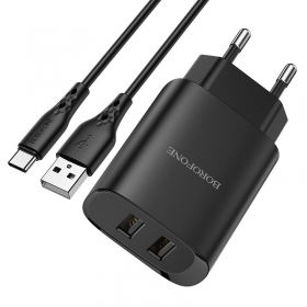 Laturi Borofone BN2 2xUSB 2.1A + USB Type-C (musta)