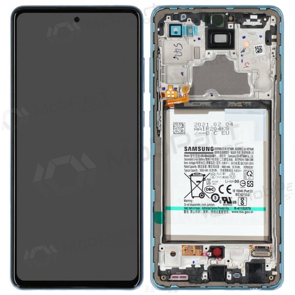 Ekranas Samsung A725/A726 A72 4G/5G 2021 su lietimui jautriu stikliuku ja rėmeliu ja paristo Awesome Blue alkuperäinen (service pack) Ekranas Samsung A725/A726 A72 4G/5G 2021 su lietimui jautriu stikliuku ja rėmeliu ja paristo Awesome Blue alkuperäinen (service pack)