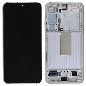 Ekranas Samsung S911 S23 5G su lietimui jautriu stikliuku ja rėmeliu Cream alkuperäinen (service pack)