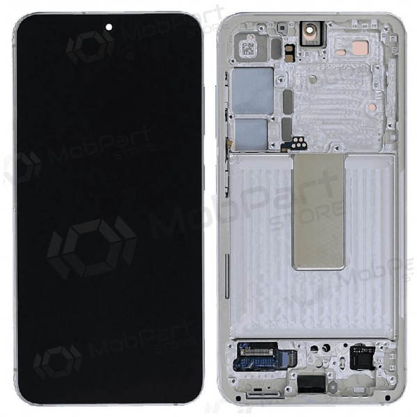 Ekranas Samsung S911 S23 5G su lietimui jautriu stikliuku ja rėmeliu Cream alkuperäinen (service pack)