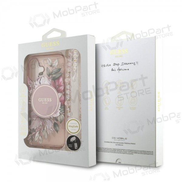 Apple iPhone 17 kotelo - Guess IML Flowers Strap MagSafe (vaaleanpunainen)