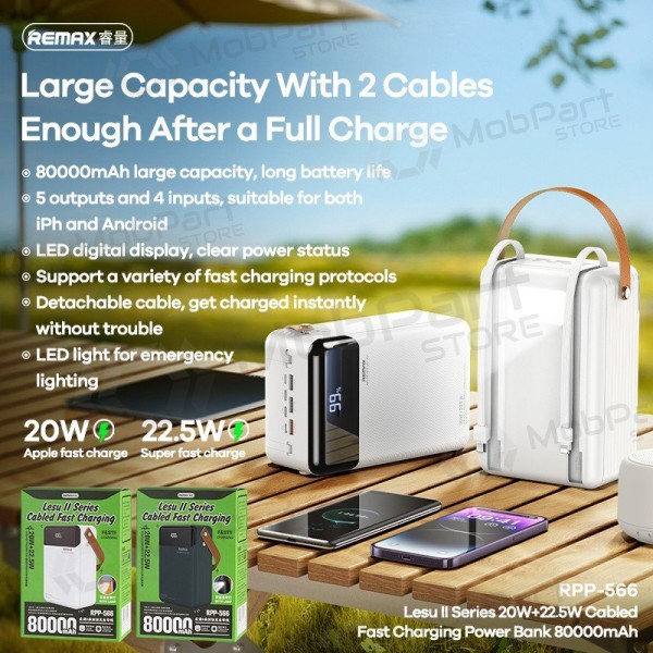 Ulkoinen paristo Power Bank Remax RPP-566 22.5W 80000mAh harmaa