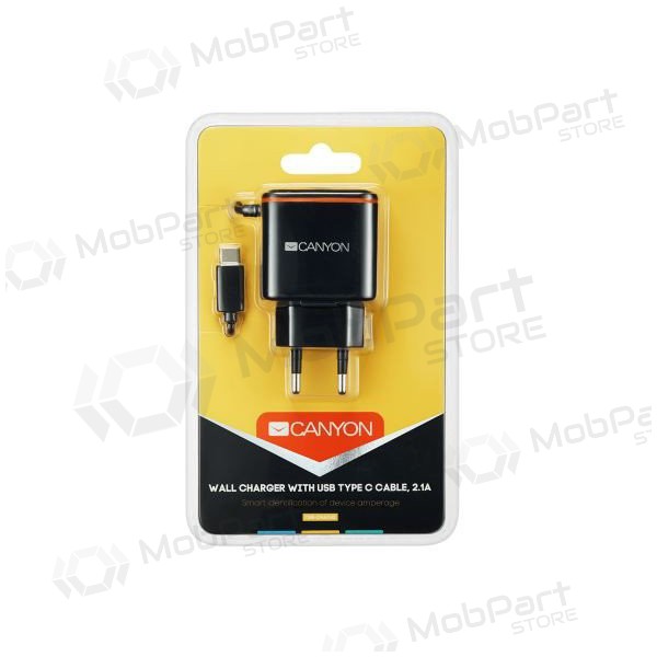 Laturi CANYON CNE-CHA042 + Type-C kaapeli (1xUSB 5V 2.1A) (musta)