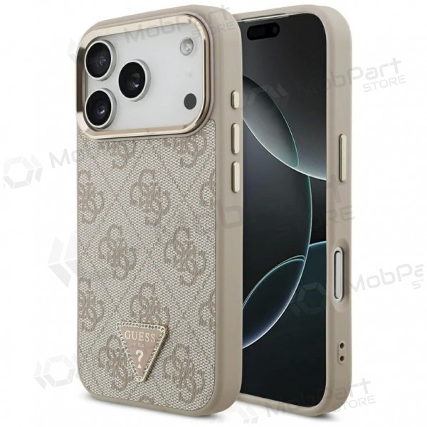 Apple iPhone 17 Pro kotelo - Guess PU Leather 4G Strass Triangle Logo Gold Frame MagSafe (vaaleanpunainen)